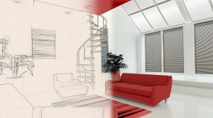 3D render of a contemporary interior with half in sketch phase